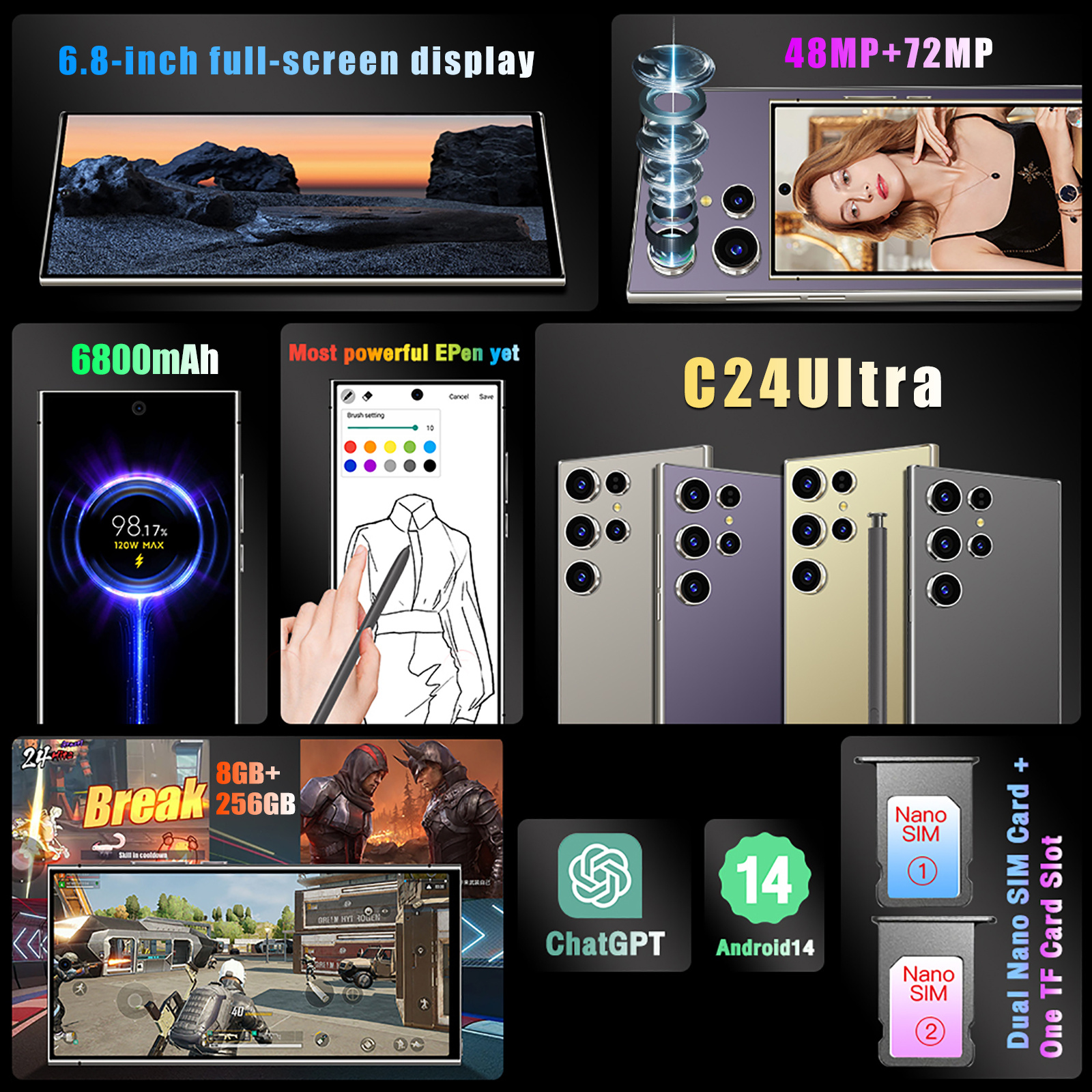 S24 Ultra Cell Phones 5G Unlocked Phonessmartphonewith Tool Pen - Image 2