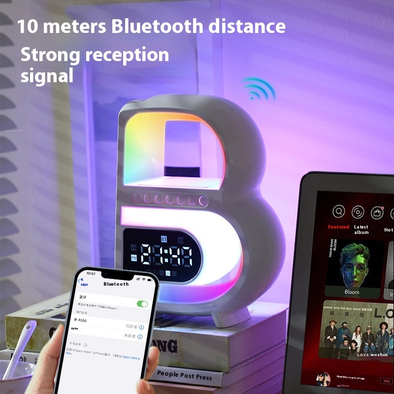 2024 New B-Shaped Blutooth Speaker Multifunctional Smart Music Rhythm Lighting Phone Wireless Charger TF Card AUX Input Standard Mode - Image 4